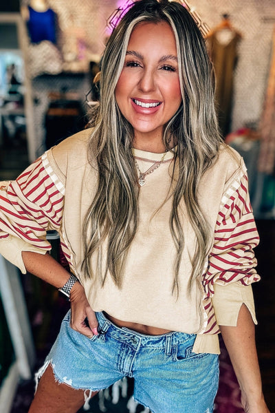 Women's Red Stripe Patchwork Knit Top with Drop Shoulders