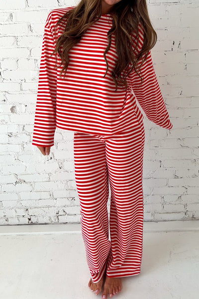 Women's Red Striped Cotton Lounge Set with Drop Shoulder Top