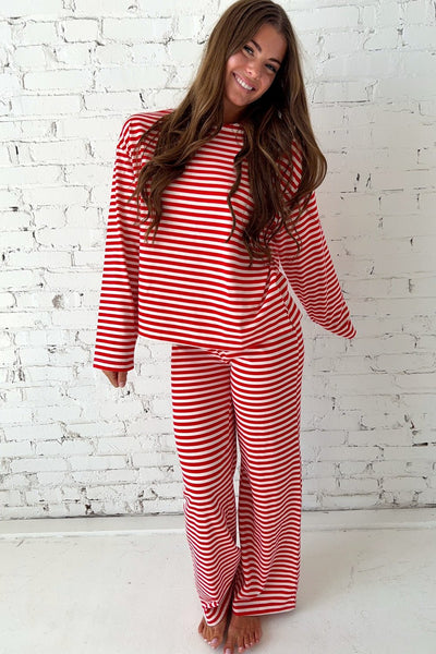 Women's Red Striped Cotton Lounge Set with Drop Shoulder Top
