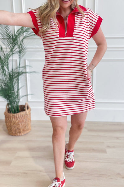 Women's Red Striped Quarter-Zip Polo T-Shirt Dress with Pockets