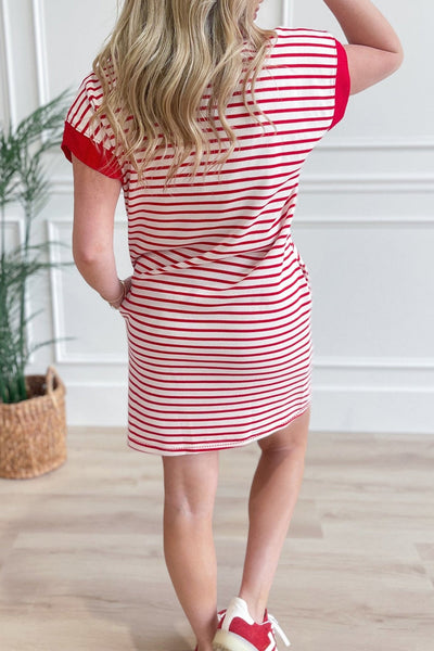 Women's Red Striped Quarter-Zip Polo T-Shirt Dress with Pockets