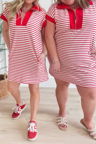Women's Red Striped Quarter-Zip Polo T-Shirt Dress with Pockets