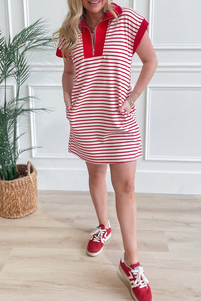 Women's Red Striped Quarter-Zip Polo T-Shirt Dress with Pockets
