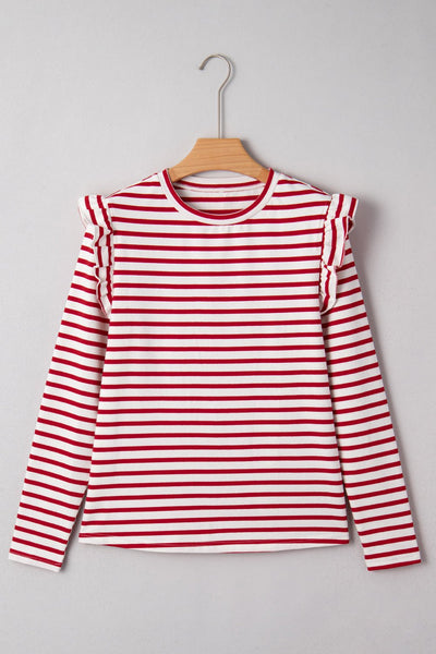 Women's Red Striped Ruffle Sleeve Cotton Blend Blouse