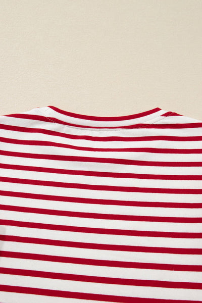 Women's Red Striped Ruffle Sleeve Cotton Blend Blouse