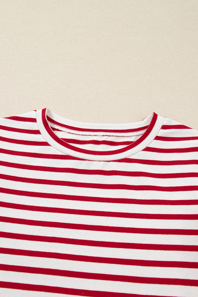 Women's Red Striped Ruffle Sleeve Cotton Blend Blouse