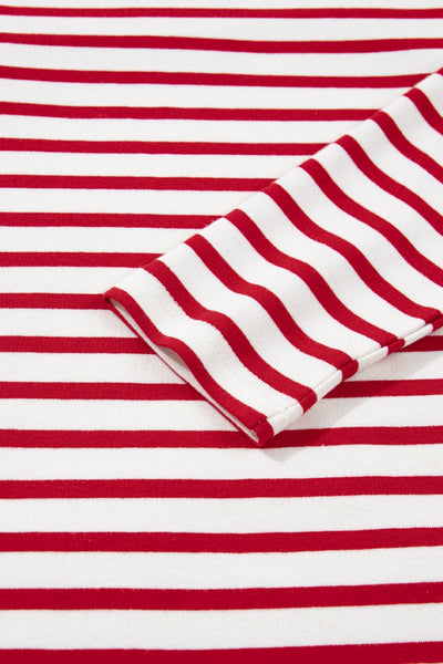 Women's Red Striped Ruffle Sleeve Cotton Blend Blouse