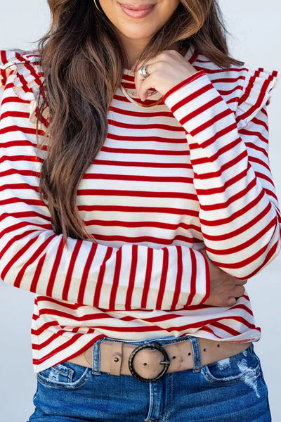 Women's Red Striped Ruffle Sleeve Cotton Blend Blouse