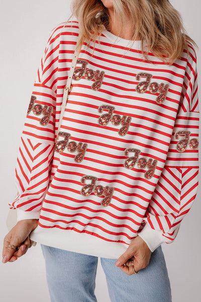 Women's Red Striped Sequin Joy Graphic Christmas Sweatshirt