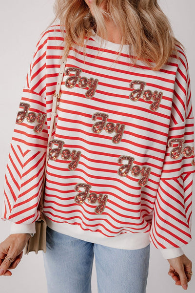 Women's Red Striped Sequin Joy Graphic Christmas Sweatshirt