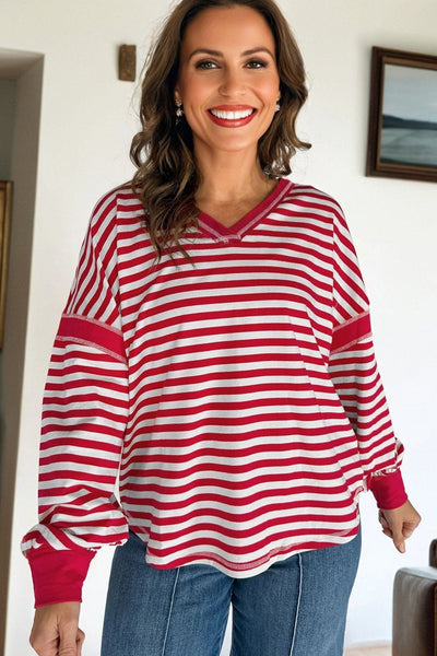 Women's Red Striped V-Neck Balloon Sleeve Pullover with Exposed Seams