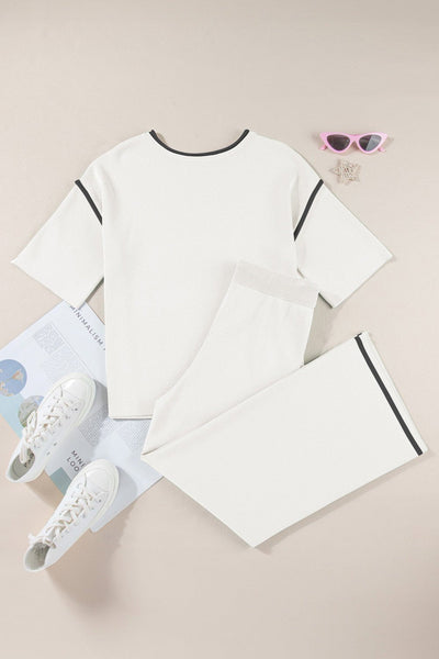 Women's Relaxed Colorblock Knit Two-Piece Pant Set in Alabaster