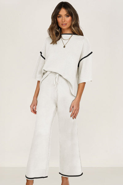Women's Relaxed Colorblock Knit Two-Piece Pant Set in Alabaster