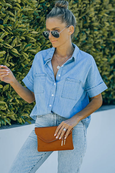 Women's Relaxed Light Wash Short Sleeve Denim Shirt