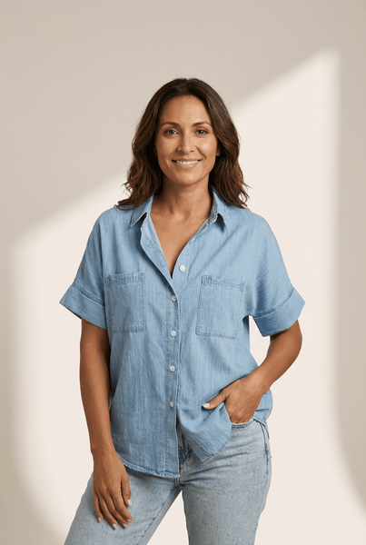 Women's Relaxed Light Wash Short Sleeve Denim Shirt