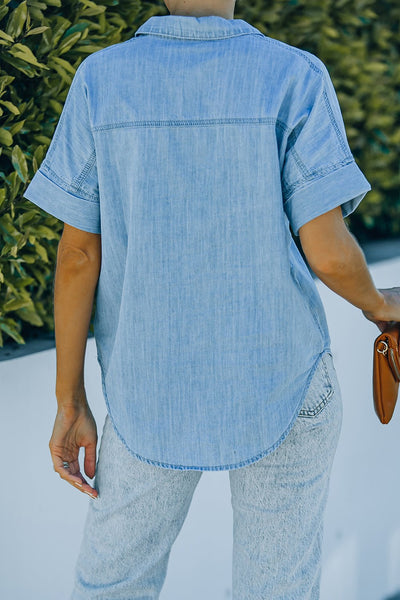 Women's Relaxed Light Wash Short Sleeve Denim Shirt