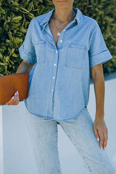 Women's Relaxed Light Wash Short Sleeve Denim Shirt