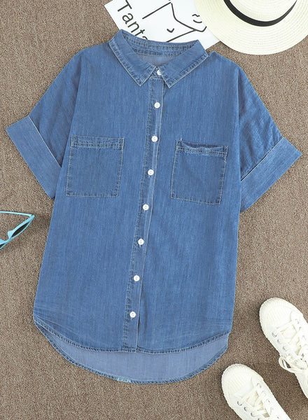 Women's Relaxed Light Wash Short Sleeve Denim Shirt