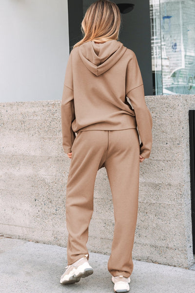 Women's Relaxed Ribbed Knit Hoodie and Jogger Set in Camel