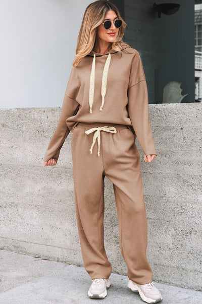 Women's Relaxed Ribbed Knit Hoodie and Jogger Set in Camel