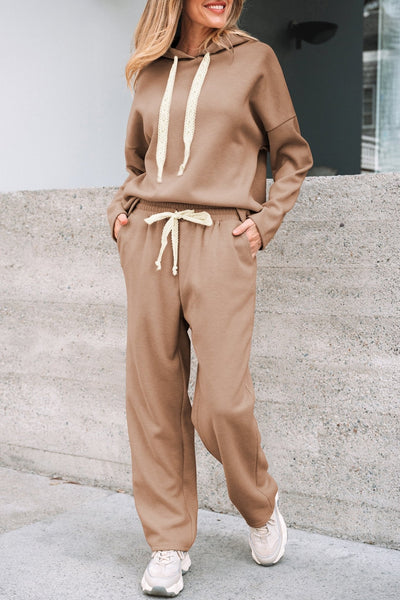 Women's Relaxed Ribbed Knit Hoodie and Jogger Set in Camel