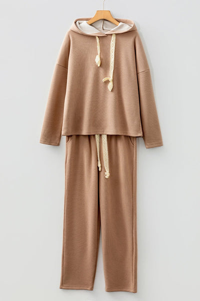 Women's Relaxed Ribbed Knit Hoodie and Jogger Set in Camel