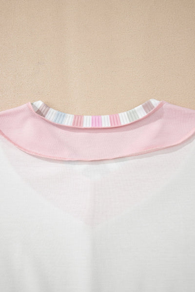 Women's Relaxed V-Neck Patchwork Top with Rainbow Stripe Detail