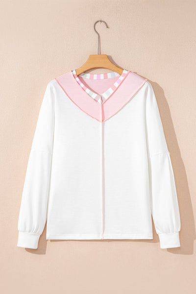 Women's Relaxed V-Neck Patchwork Top with Rainbow Stripe Detail