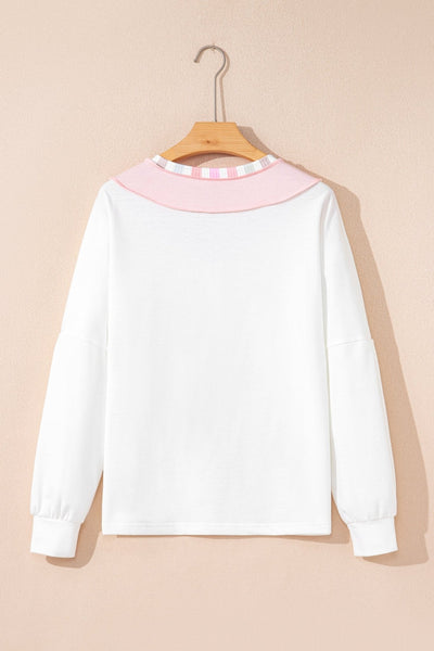 Women's Relaxed V-Neck Patchwork Top with Rainbow Stripe Detail