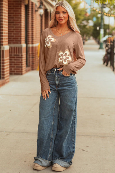 Women's Relaxed V-Neck Top with Raw-Edge Floral Appliques
