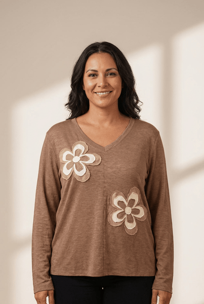 Women's Relaxed V-Neck Top with Raw-Edge Floral Appliques