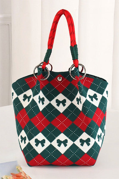 Women's Retro Argyle Bow Knit Bucket Bag in Fiery Red