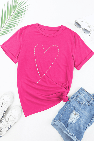 Women's Rhinestone Heart Graphic Tee in Rose Red