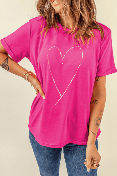 Women's Rhinestone Heart Graphic Tee in Rose Red