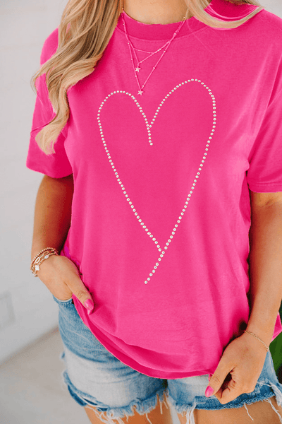 Women's Rhinestone Heart Graphic Tee in Rose Red