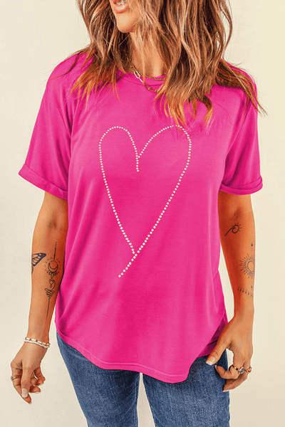 Women's Rhinestone Heart Graphic Tee in Rose Red