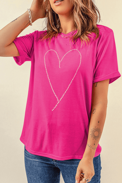 Women's Rhinestone Heart Graphic Tee in Rose Red