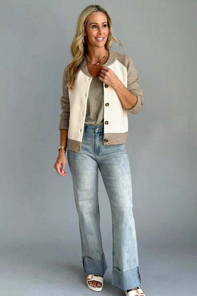 Women's Ribbed Color-Block Bomber Cardigan in Cream and Taupe