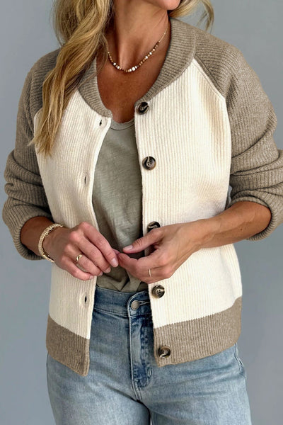 Women's Ribbed Color-Block Bomber Cardigan in Cream and Taupe