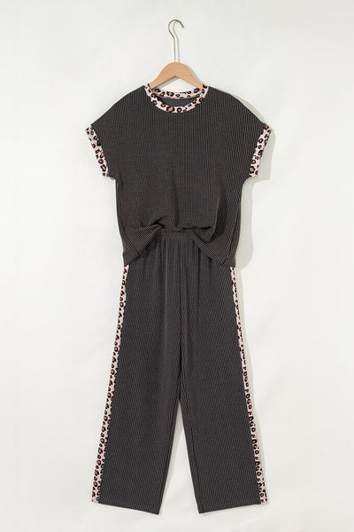 Women's Ribbed Two-Piece Pant Set with Leopard Trim