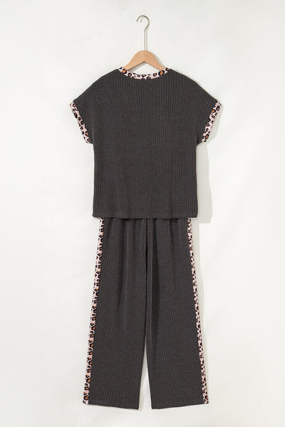Women's Ribbed Two-Piece Pant Set with Leopard Trim