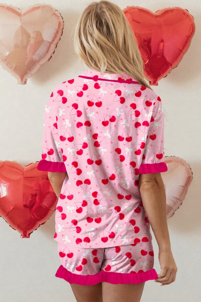 Women's Rose Cherry Heart Print Pajama Set with Ruffled Edges
