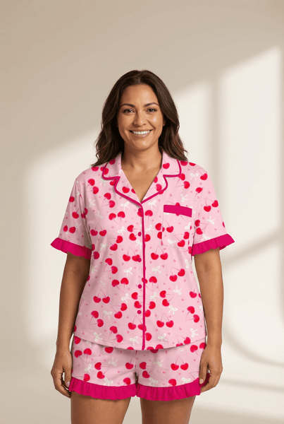 Women's Rose Cherry Heart Print Pajama Set with Ruffled Edges