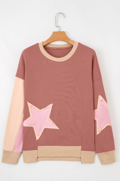 Women's Rose Pink Contrast Star Patchwork Pullover Sweatshirt