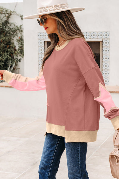 Women's Rose Pink Contrast Star Patchwork Pullover Sweatshirt