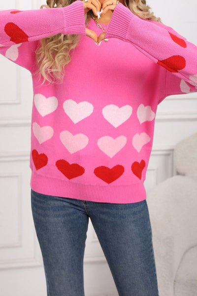 Women's Rose Pink Heart Pattern Drop Shoulder Knit Sweater