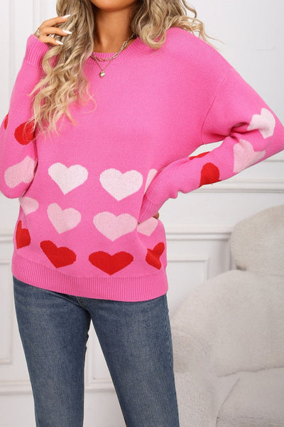 Women's Rose Pink Heart Pattern Drop Shoulder Knit Sweater