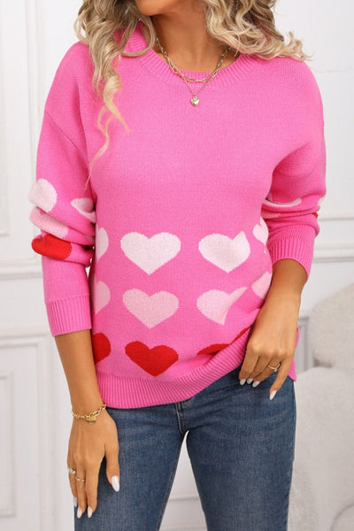 Women's Rose Pink Heart Pattern Drop Shoulder Knit Sweater