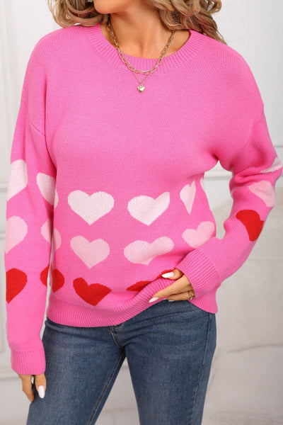 Women's Rose Pink Heart Pattern Drop Shoulder Knit Sweater