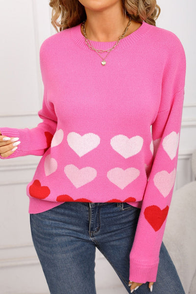Women's Rose Pink Heart Pattern Drop Shoulder Knit Sweater